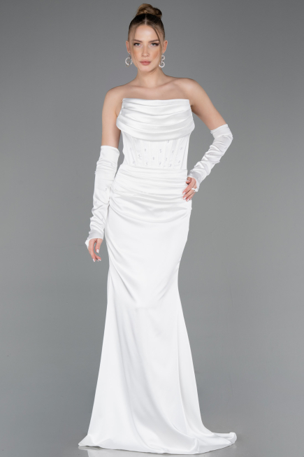 Abendkleid Lang Satin Weiß ABU5944