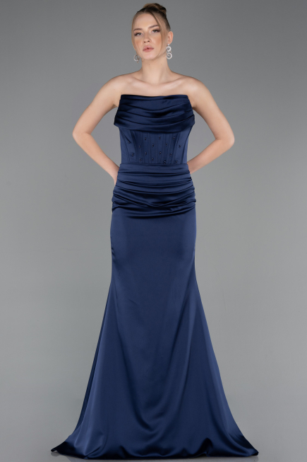 Abendkleid Lang Satin Marineblau ABU5944