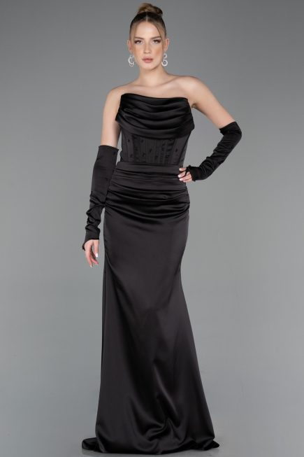 Abendkleid Lang Satin Schwarz ABU5944