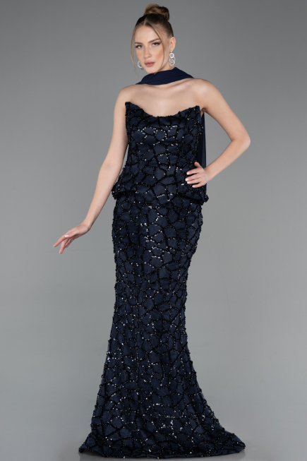 Abendkleid im Meerjungfrau-Stil Lang Schuppig Marineblau ABU5982