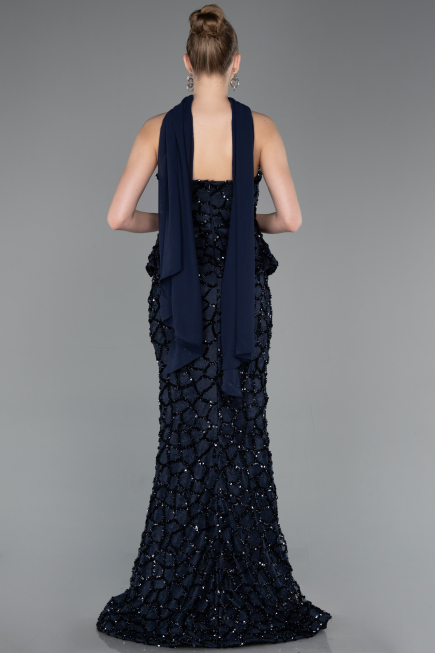 Abendkleid im Meerjungfrau-Stil Lang Schuppig Marineblau ABU5982