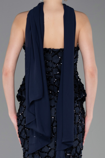Abendkleid im Meerjungfrau-Stil Lang Schuppig Marineblau ABU5982