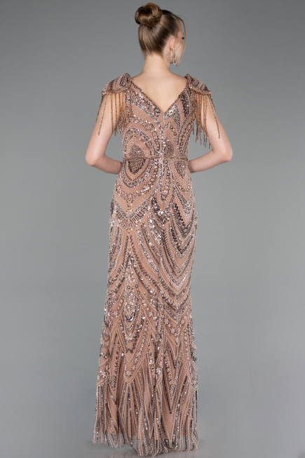 Abendkleid Lang Perlenbesetzt Kupfer ABU5959