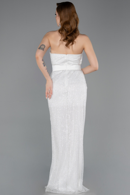Standesamtkleid Lang Perlenbesetzt Weiß ABU5988