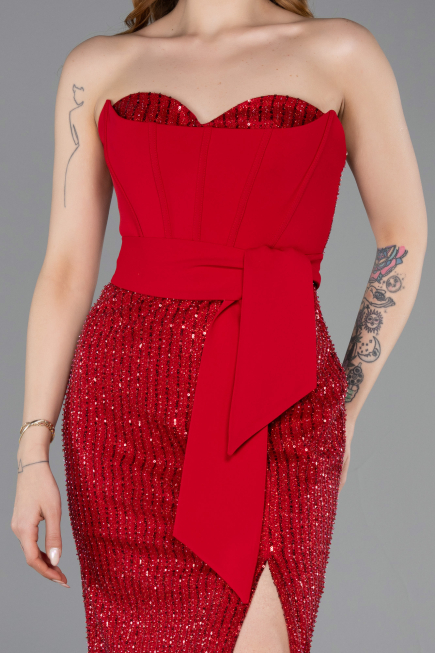 Standesamtkleid Lang Perlenbesetzt Rot ABU5988