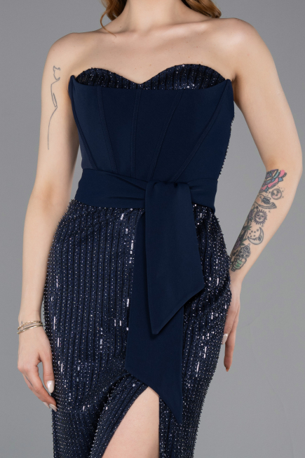 Standesamtkleid Lang Perlenbesetzt Marineblau ABU5988