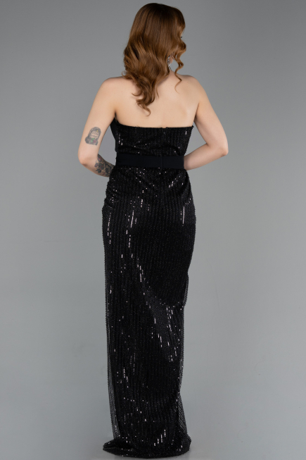 Standesamtkleid Lang Perlenbesetzt Schwarz ABU5988