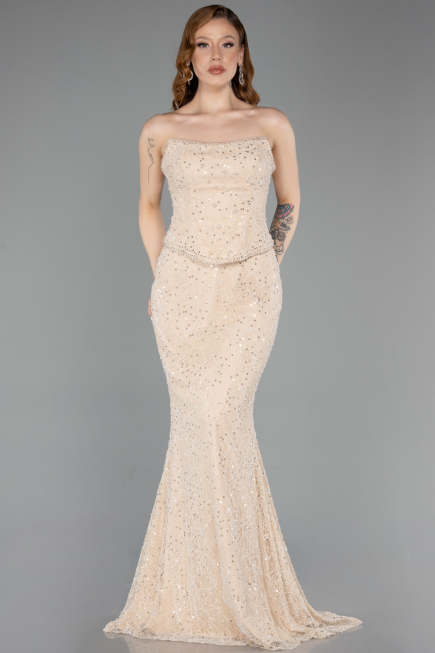 Abendkleid im Meerjungfrau-Stil Lang Spitze Beige ABU5993