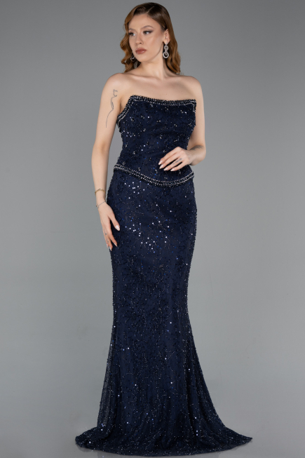 Abendkleid im Meerjungfrau-Stil Lang Spitze Marineblau ABU5993