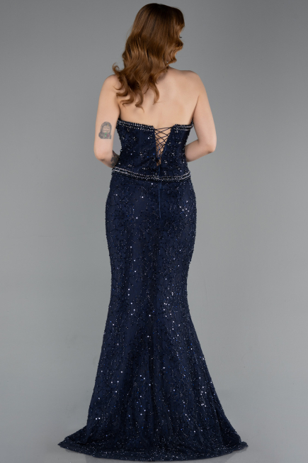 Abendkleid im Meerjungfrau-Stil Lang Spitze Marineblau ABU5993