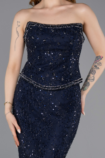 Abendkleid im Meerjungfrau-Stil Lang Spitze Marineblau ABU5993
