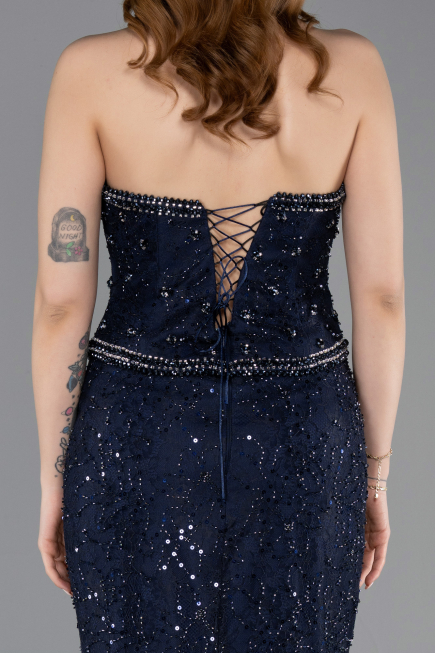 Abendkleid im Meerjungfrau-Stil Lang Spitze Marineblau ABU5993
