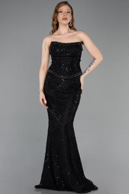 Abendkleid im Meerjungfrau-Stil Lang Spitze Schwarz ABU5993