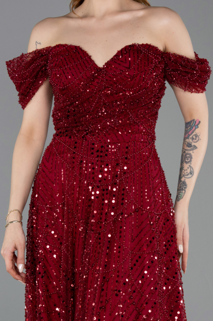 Partykleid Midi Perlenbesetzt Weinrot ABK2594