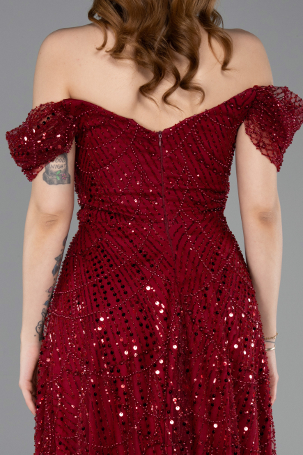 Partykleid Midi Perlenbesetzt Weinrot ABK2594