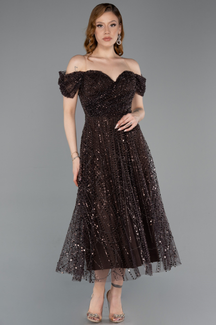 Partykleid Midi Perlenbesetzt Dunkelbraun ABK2594