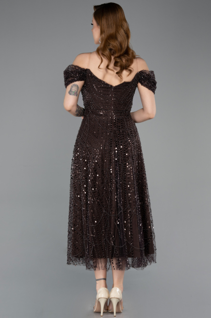 Partykleid Midi Perlenbesetzt Dunkelbraun ABK2594