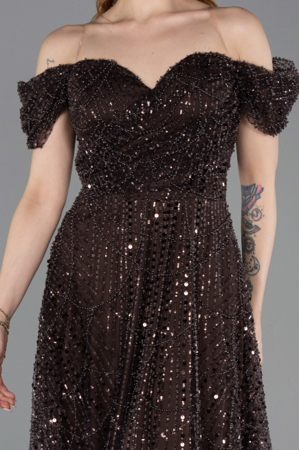 Partykleid Midi Perlenbesetzt Dunkelbraun ABK2594