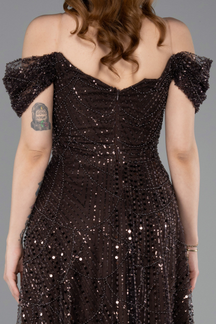 Partykleid Midi Perlenbesetzt Dunkelbraun ABK2594