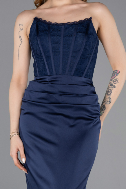 Abendkleid Lang Satin Marineblau ABU6000