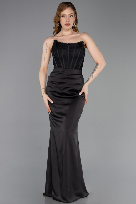 Abendkleid Lang Satin Schwarz ABU6000