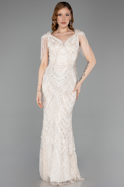 Abendkleid Lang Perlenbesetzt Beige ABU5959