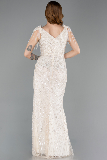 Abendkleid Lang Perlenbesetzt Beige ABU5959