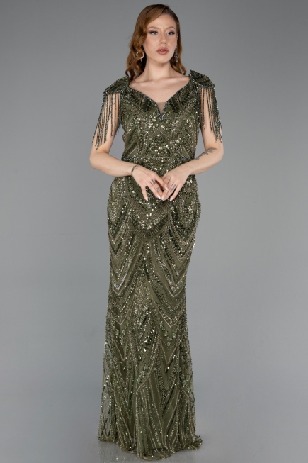 Abendkleid Lang Perlenbesetzt Khaki ABU5959
