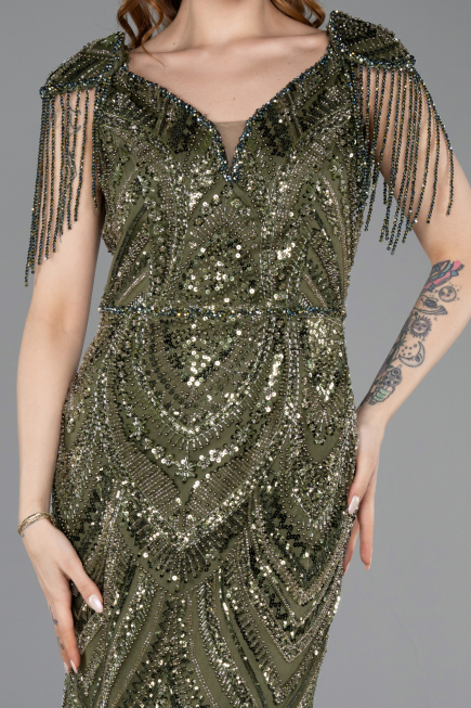 Abendkleid Lang Perlenbesetzt Khaki ABU5959