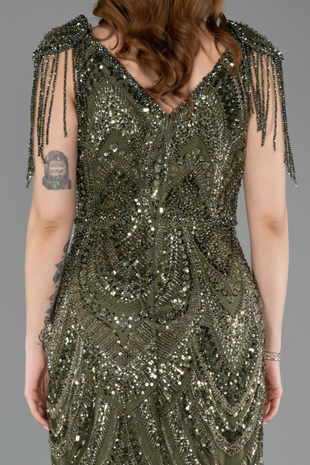 Abendkleid Lang Perlenbesetzt Khaki ABU5959