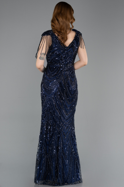 Abendkleid Lang Perlenbesetzt Marineblau ABU5959