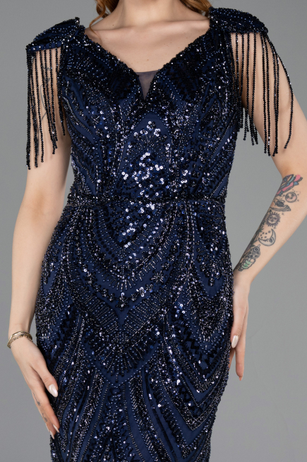 Abendkleid Lang Perlenbesetzt Marineblau ABU5959