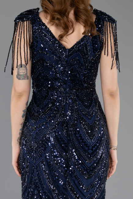 Abendkleid Lang Perlenbesetzt Marineblau ABU5959