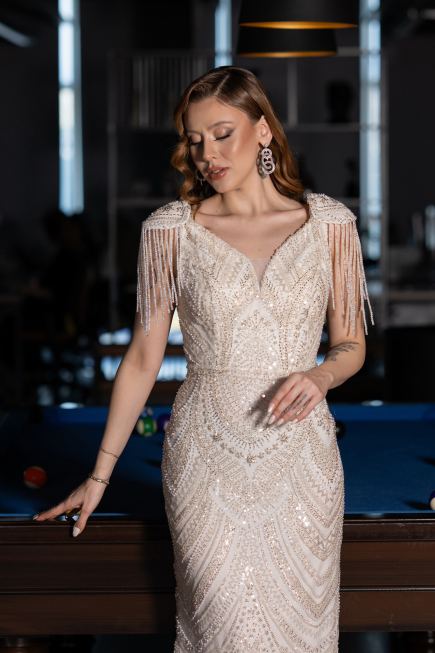 Abendkleid Lang Perlenbesetzt Beige ABU5959