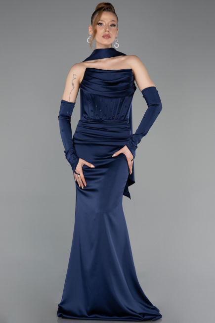 Abendkleid Lang Satin Marineblau ABU5944