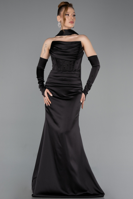 Abendkleid Lang Satin Schwarz ABU5944