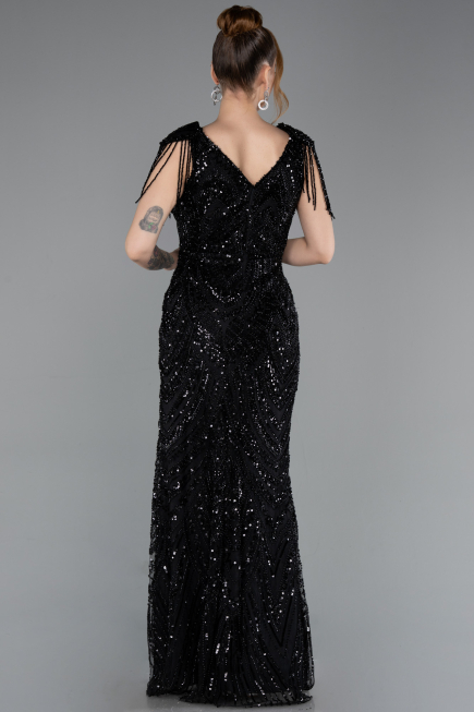Abendkleid Lang Perlenbesetzt Schwarz ABU5959