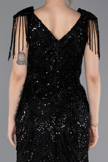 Abendkleid Lang Perlenbesetzt Schwarz ABU5959