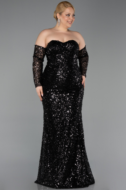 Abendkleid in Übergröße Lang Schuppig Schwarz ABU5928