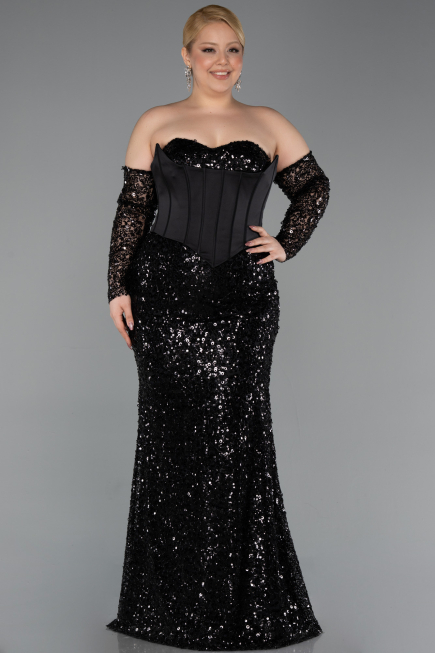 Abendkleid in Übergröße Lang Schuppig Schwarz ABU5928