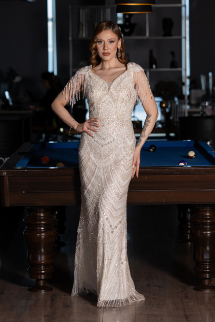 Abendkleid Lang Perlenbesetzt Beige ABU5959