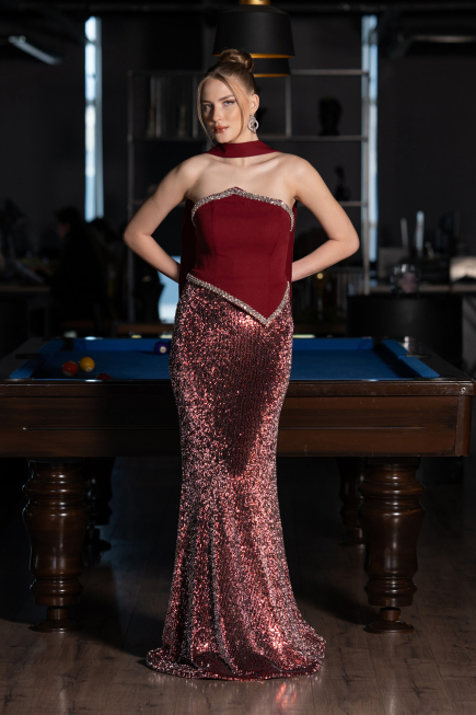 Weinrot Abendkleid İm Meerjungfrau-Stil Schuppig Lang ABU5703