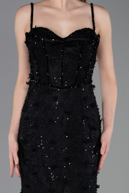 Standesamtkleid Lang Spitze Schwarz ABU6040