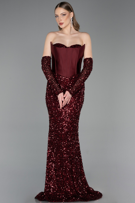 Abendkleid Lang Schuppig Weinrot ABU6041