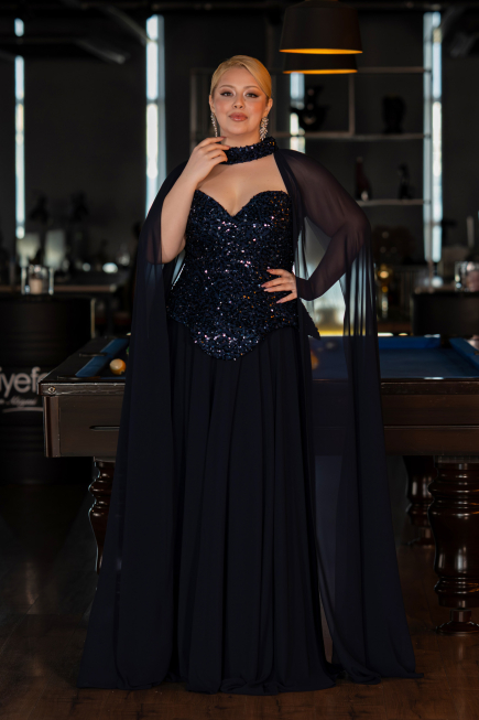 Abendkleid in Übergröße Lang Chiffon Marineblau ABU5940