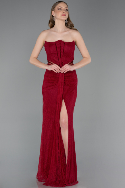 Weinrot Standesamtkleid Spitze Lang ABU5736