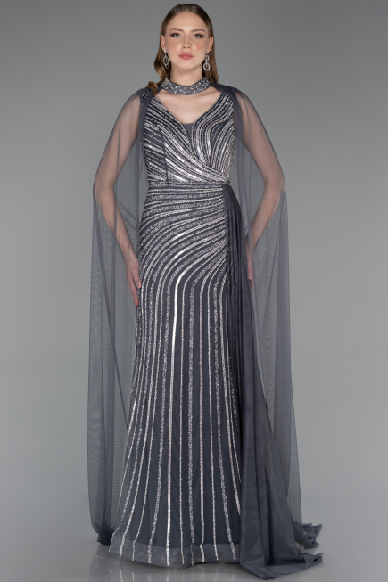 Abendkleid Lang Steinbesetzt Anthrazit ABU6052