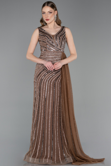 Abendkleid Lang Steinbesetzt Kupfer ABU6052
