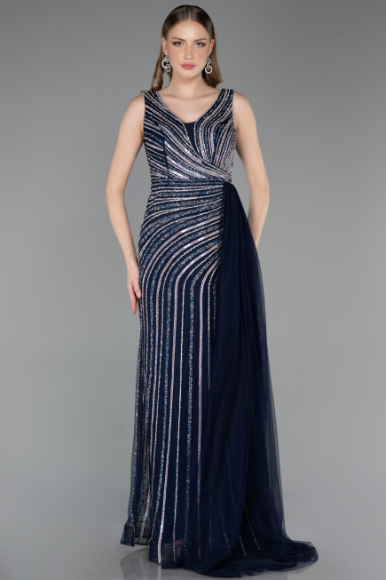 Abendkleid Lang Steinbesetzt Marineblau ABU6052