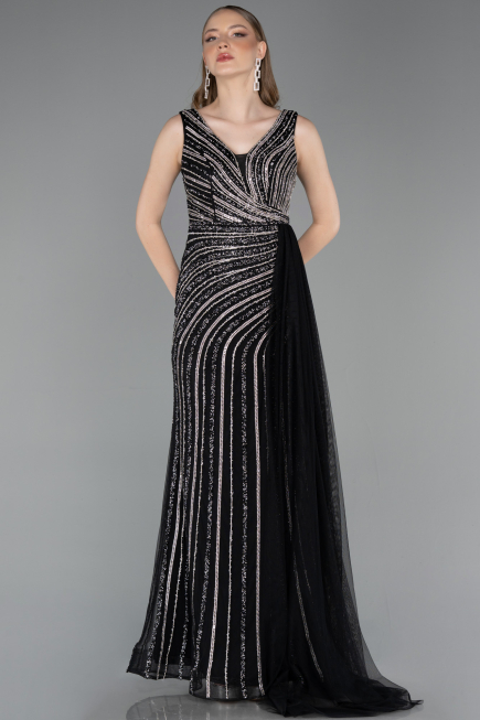 Abendkleid Lang Steinbesetzt Schwarz ABU6052